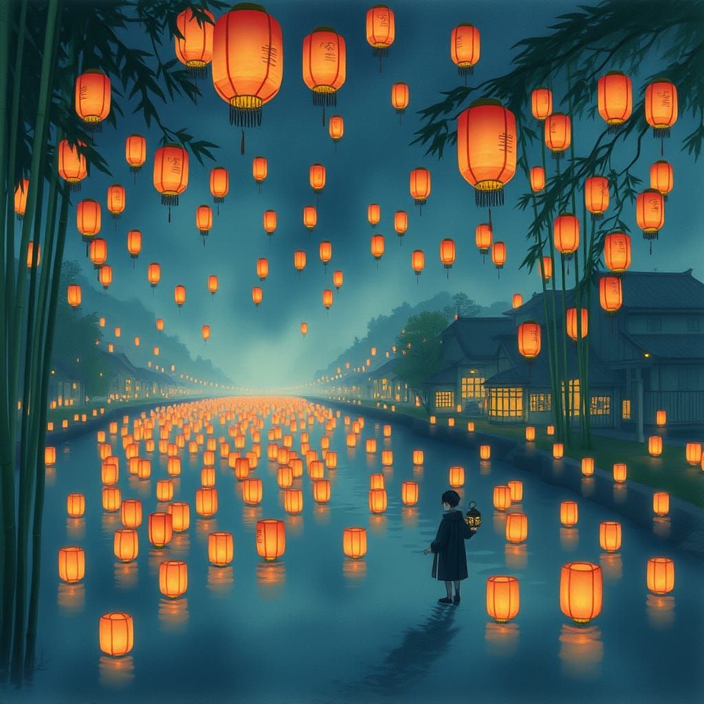 Serene Japanese Village: Floating Lanterns at Night