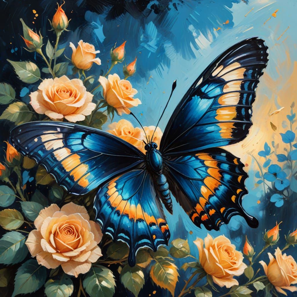 Blue-Black Butterfly on Roses in Impressionist Gouache