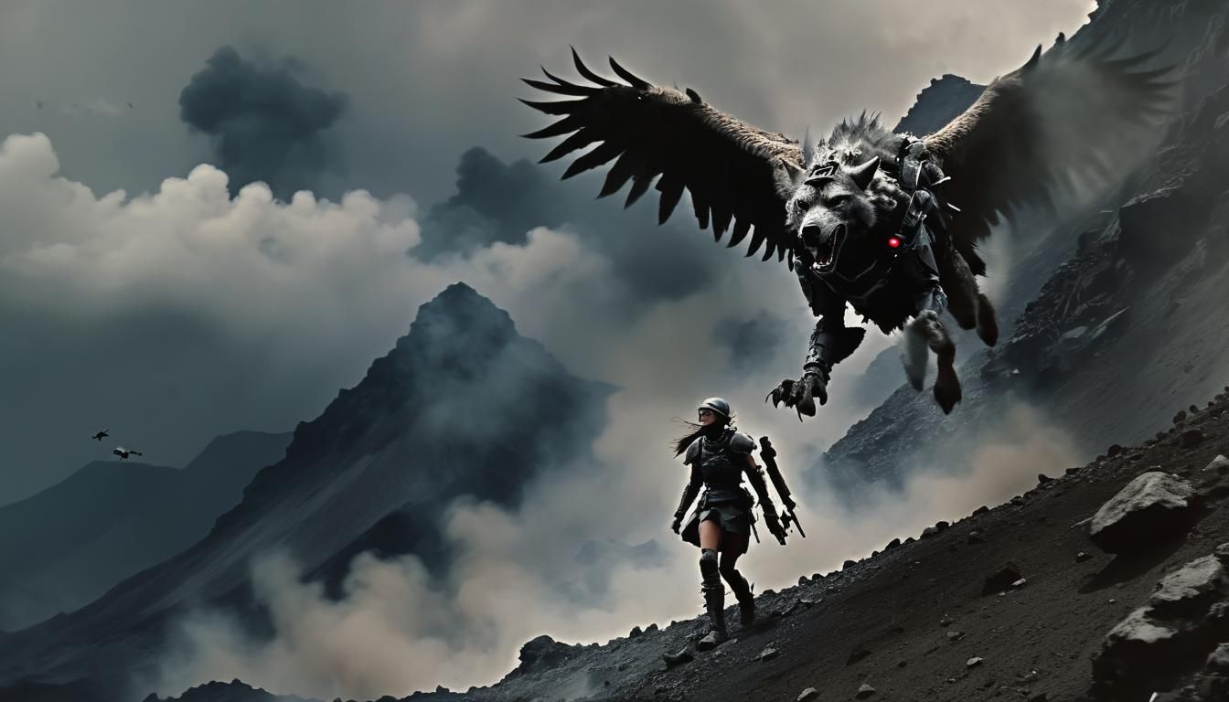 Armored Wolf and Vulture Drone in Apocalyptic Landscape