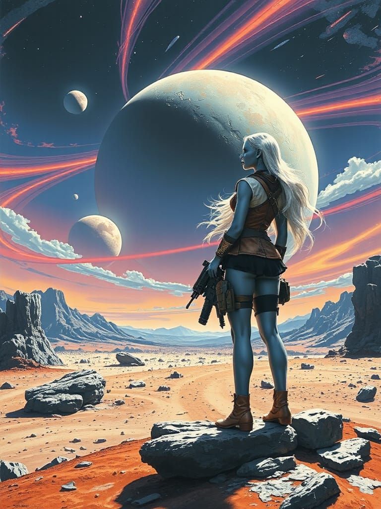 Cyberpunk Alien Warrior in Futuristic Landscape