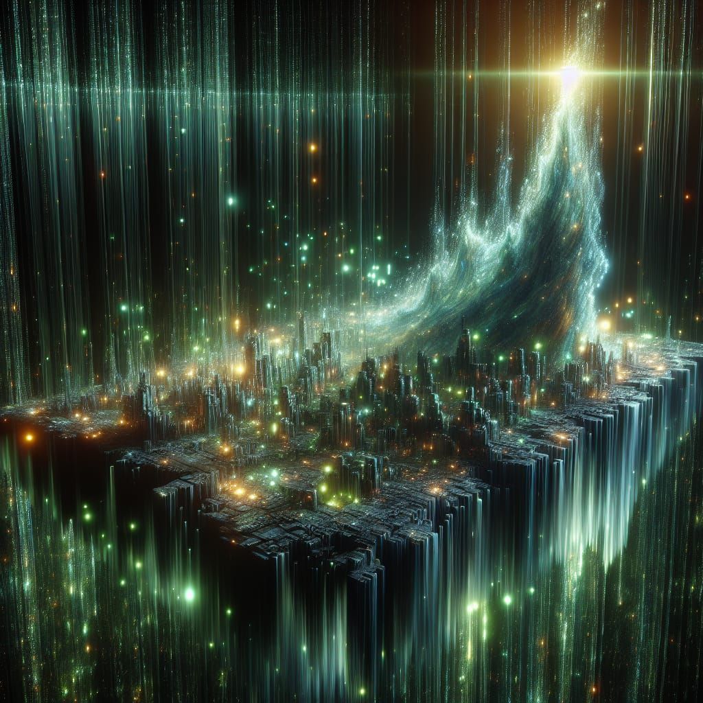 Intricate Matrix Code Waterfall in Digital Matte Painting