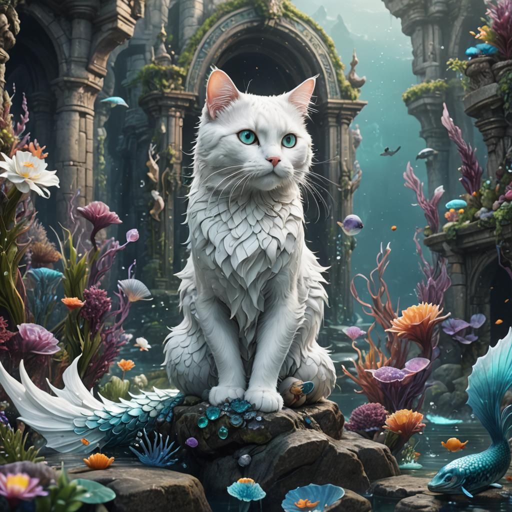 Fantastical Mermaid White Cat: Detailed Digital Art
