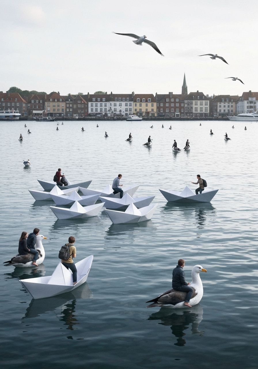 Picturesque Harbor with Origami Paper Boats