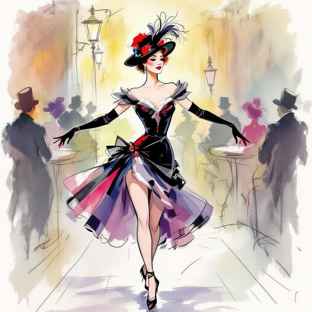 Toulouse-Lautrec Style Parisian Dancer Fashion Sketch