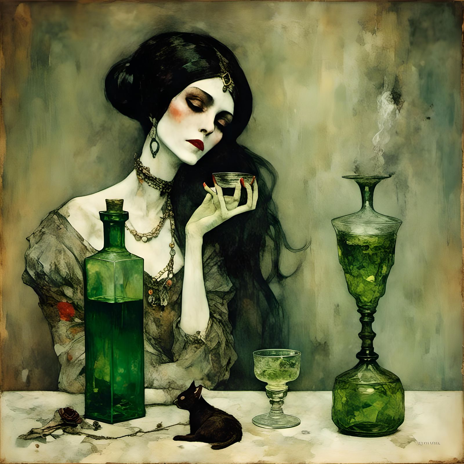 Gothic Vampire with Absinthe in Macabre Setting