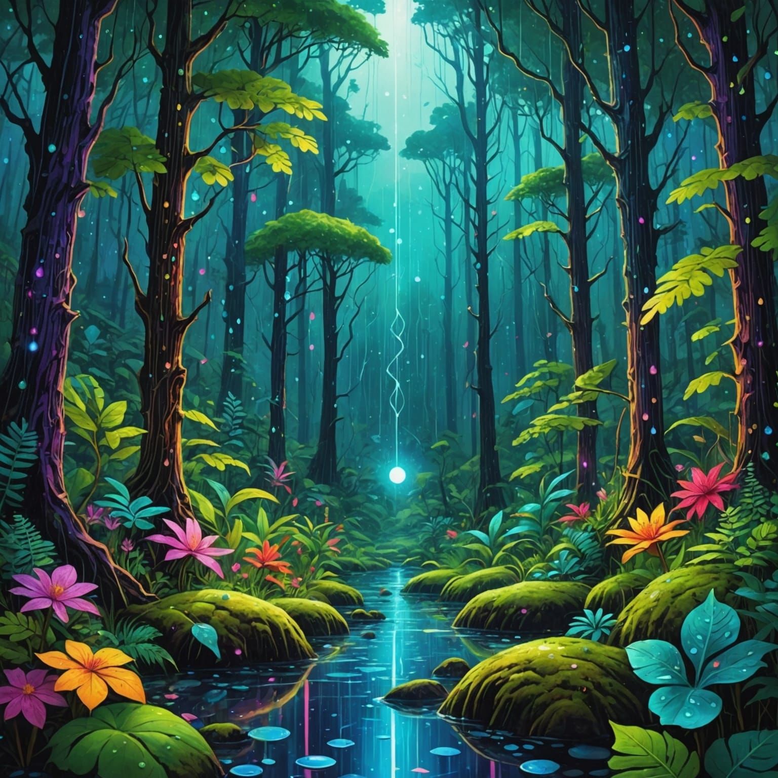 Vibrant Raindrops in Astral Forest Illustration