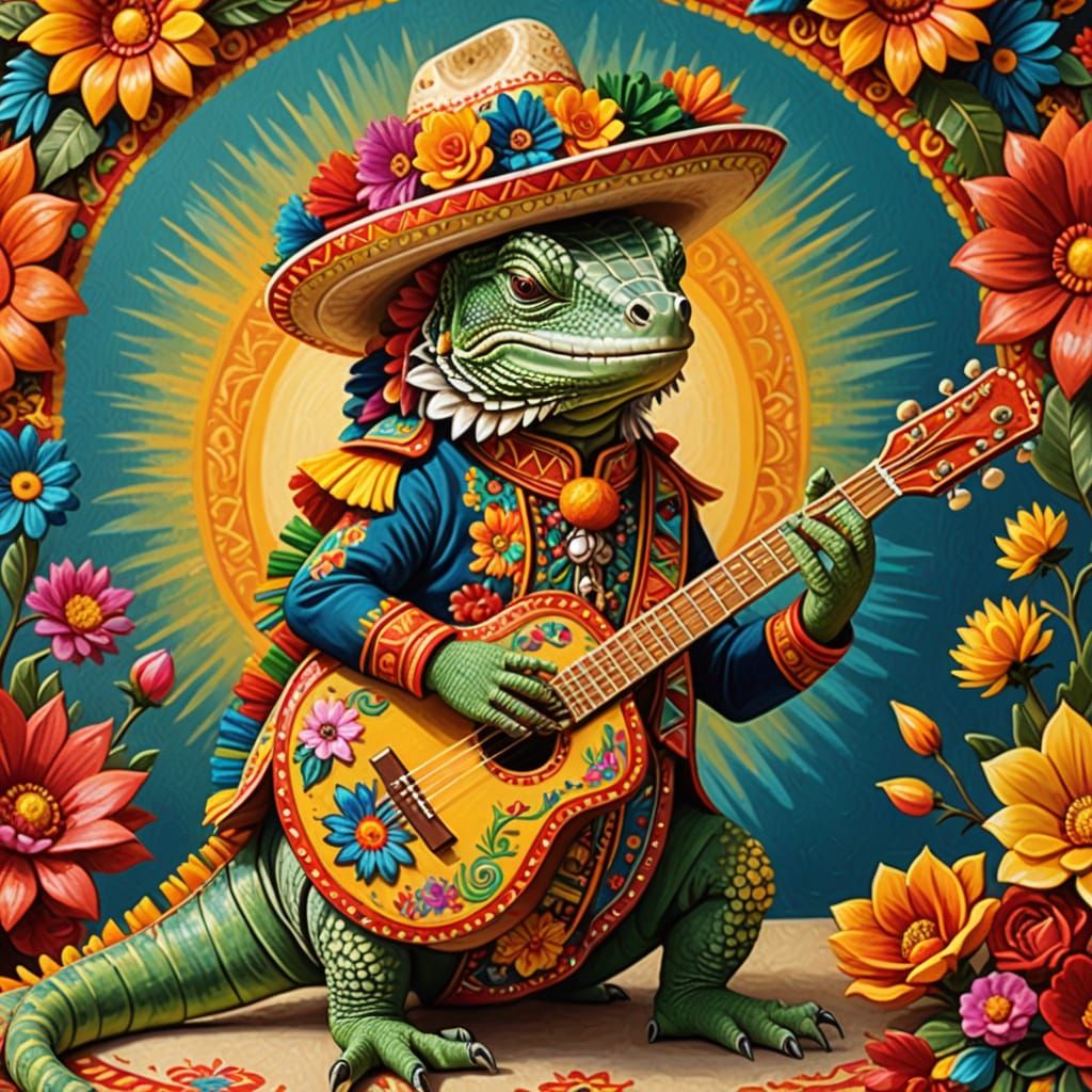 Mexican Spiny-tailed Iguana in Sombrero, Mexican Folk Art