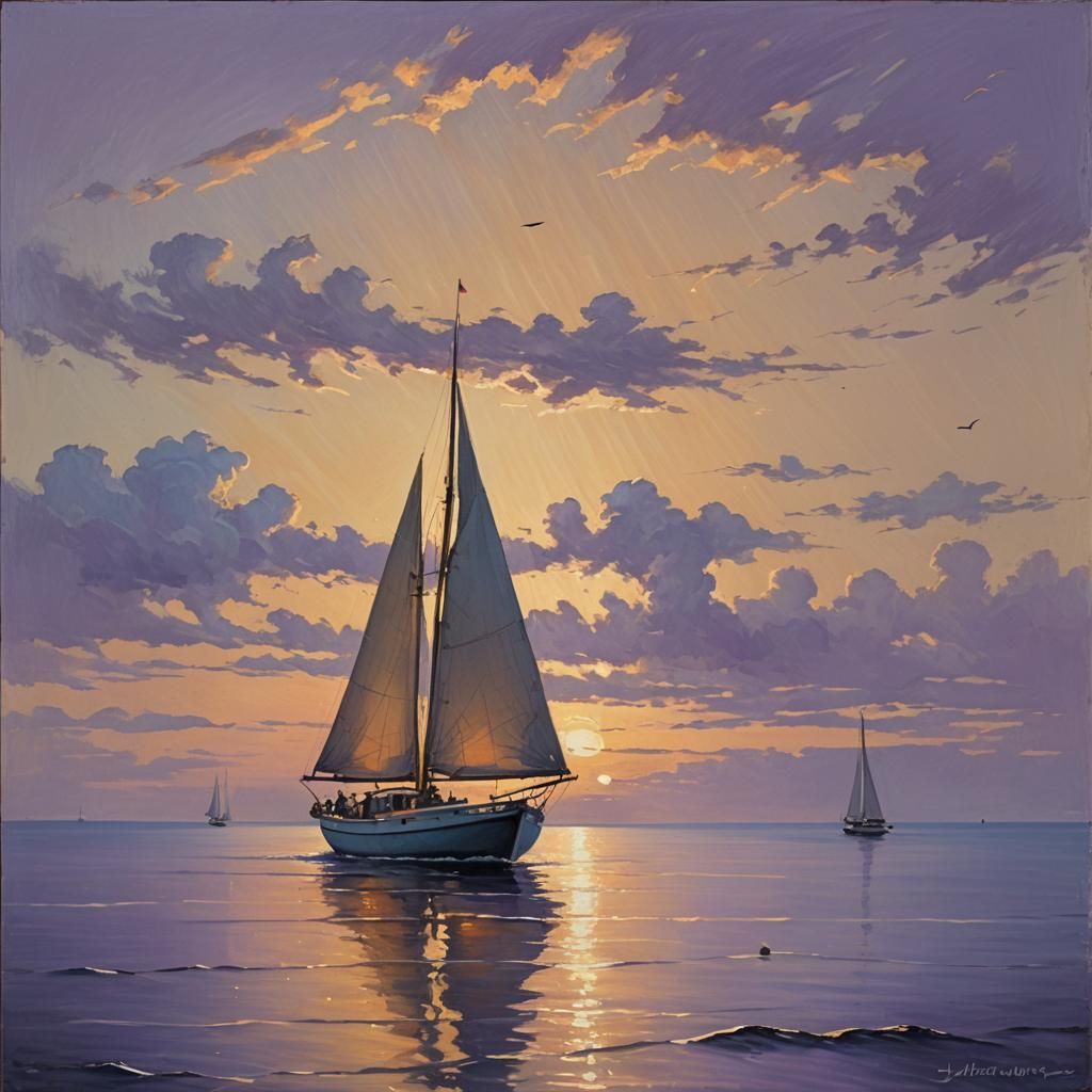 Twilight Sailboat on Calm Ocean as Oil Painting