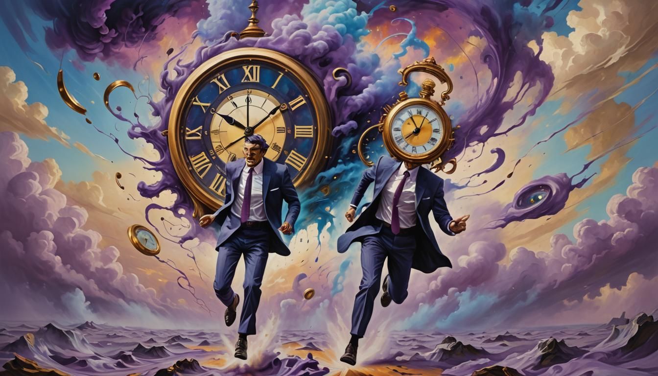 Man with Melting Clock Running from Giant Eye