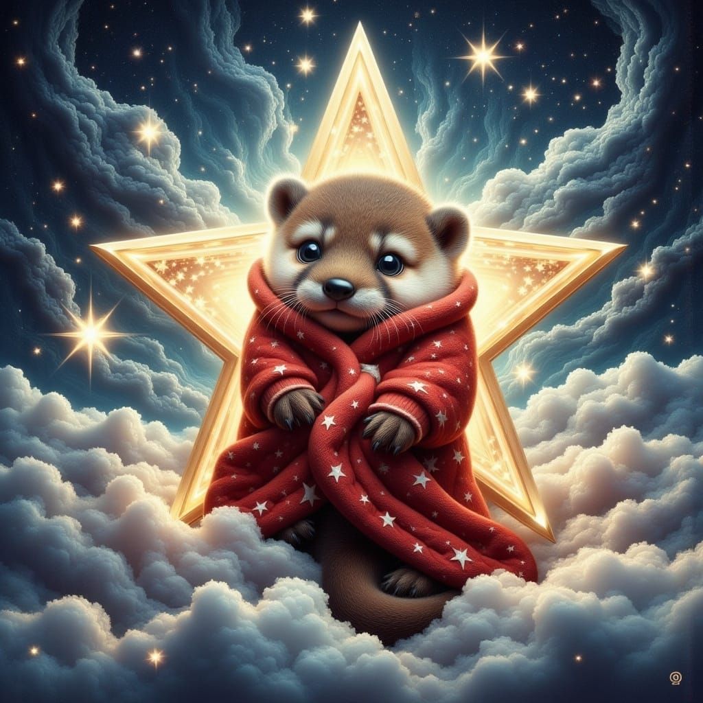 Chibi Otter in Christmas Star: Hyperrealistic Comic Sketch