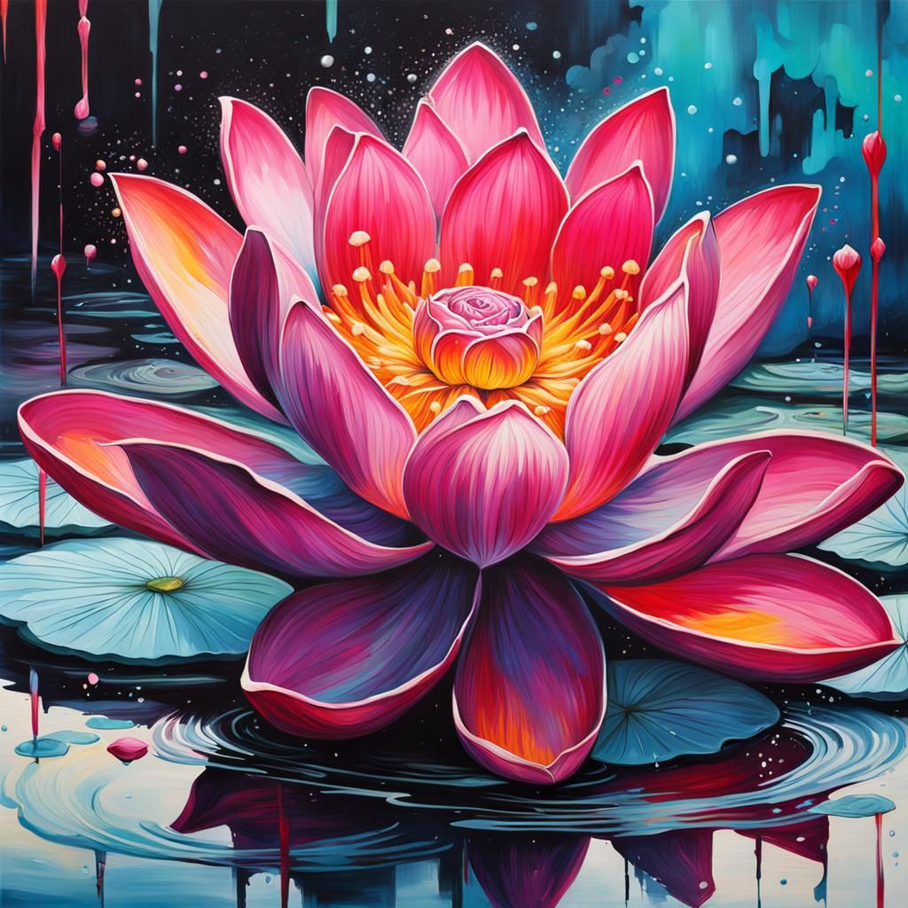 Graffiti Art Lotus Flower in Pond with Vivid Colors