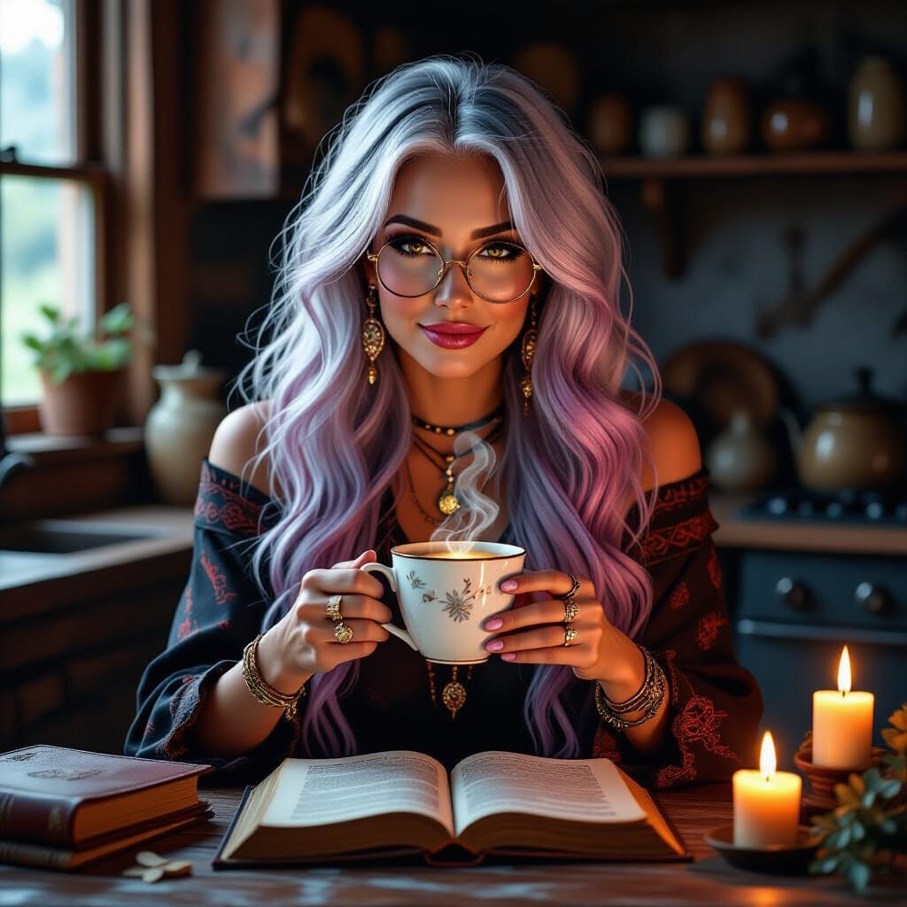 Happy Woman with Silver Hair Enjoys Tea in Cozy Kitchen