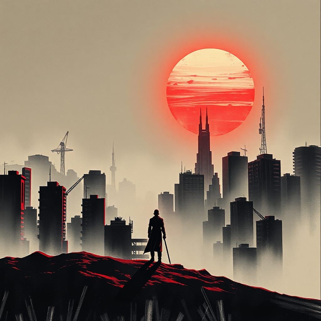 Dystopian Cityscape: Black and Red Ink Manga Concept