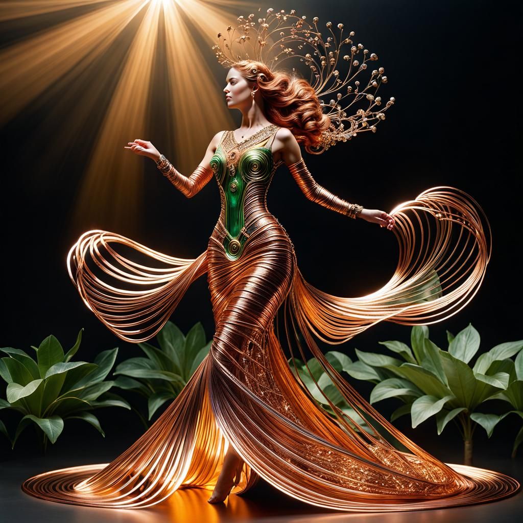 Surreal Copper Goddess in Whirling Floral Gown
