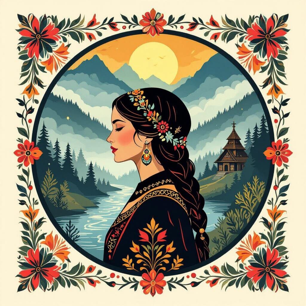 Ethereal Slavic Priestess Landscape in Folk Art Ribbon Desig...