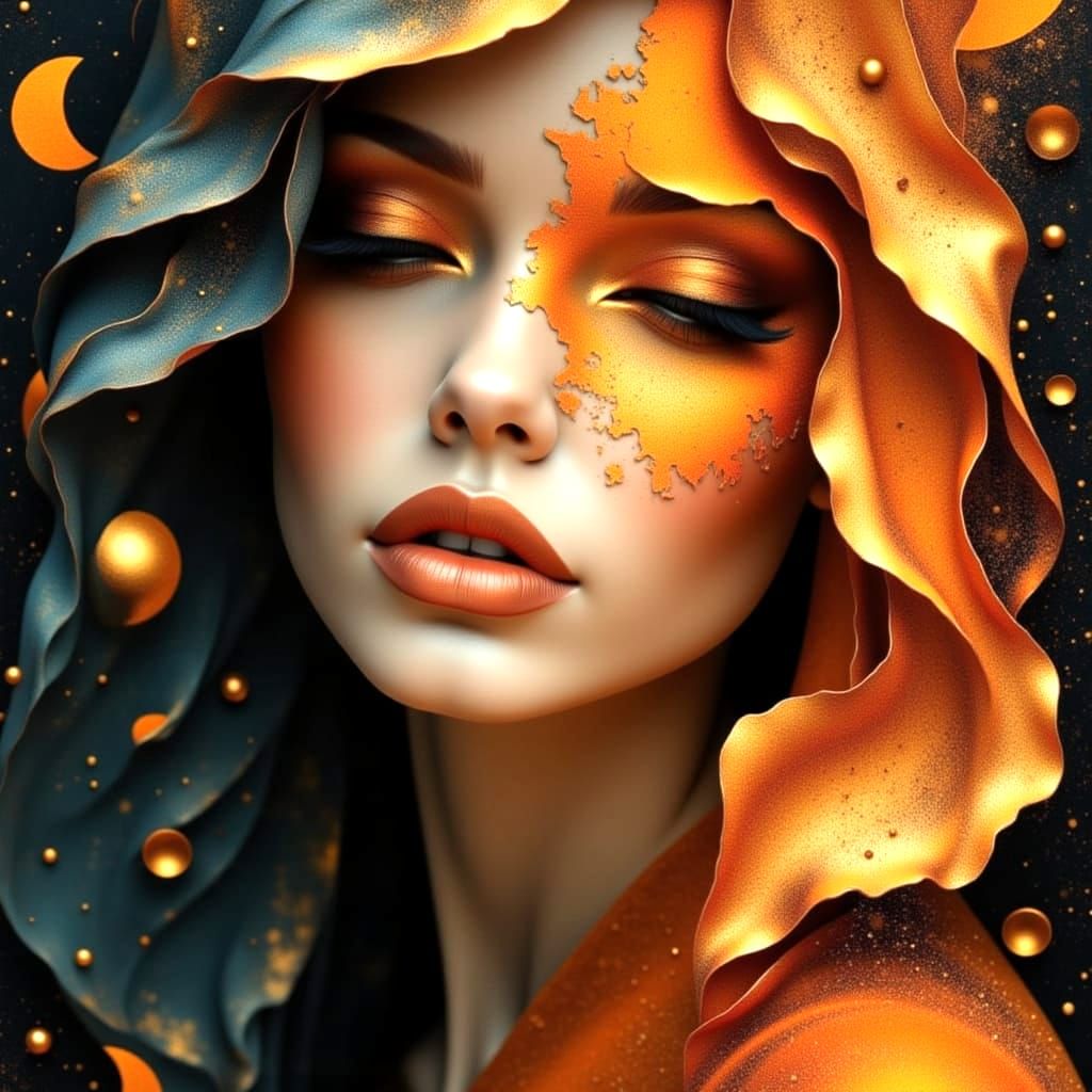 Ethereal Copper Woman Portrait with Cosmic Elements
