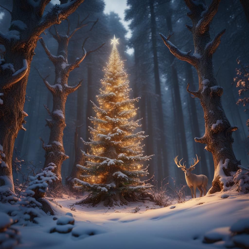 Christmas Tree in Snowy Forest, Matte Painting