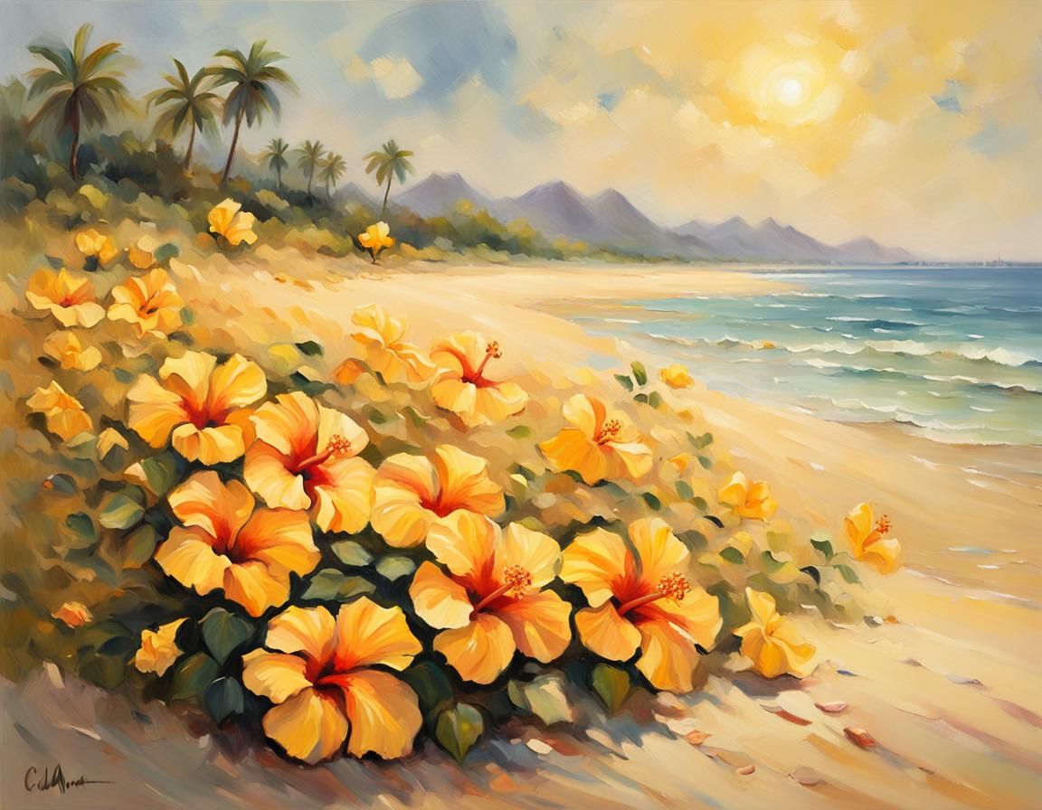 Impressionist Yellow Hibiscus Flowers on a Beach