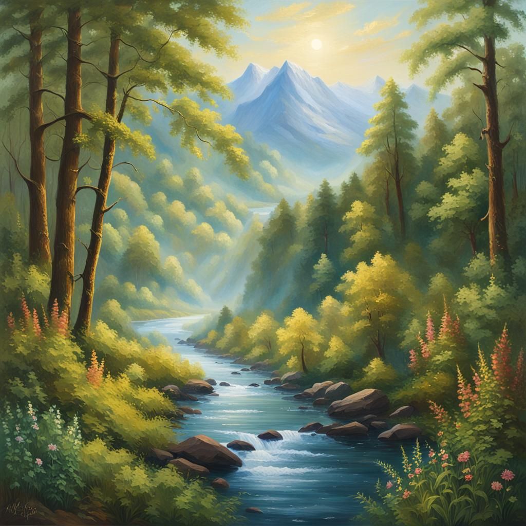 Lush Forest Landscape Painting in Romantic Style