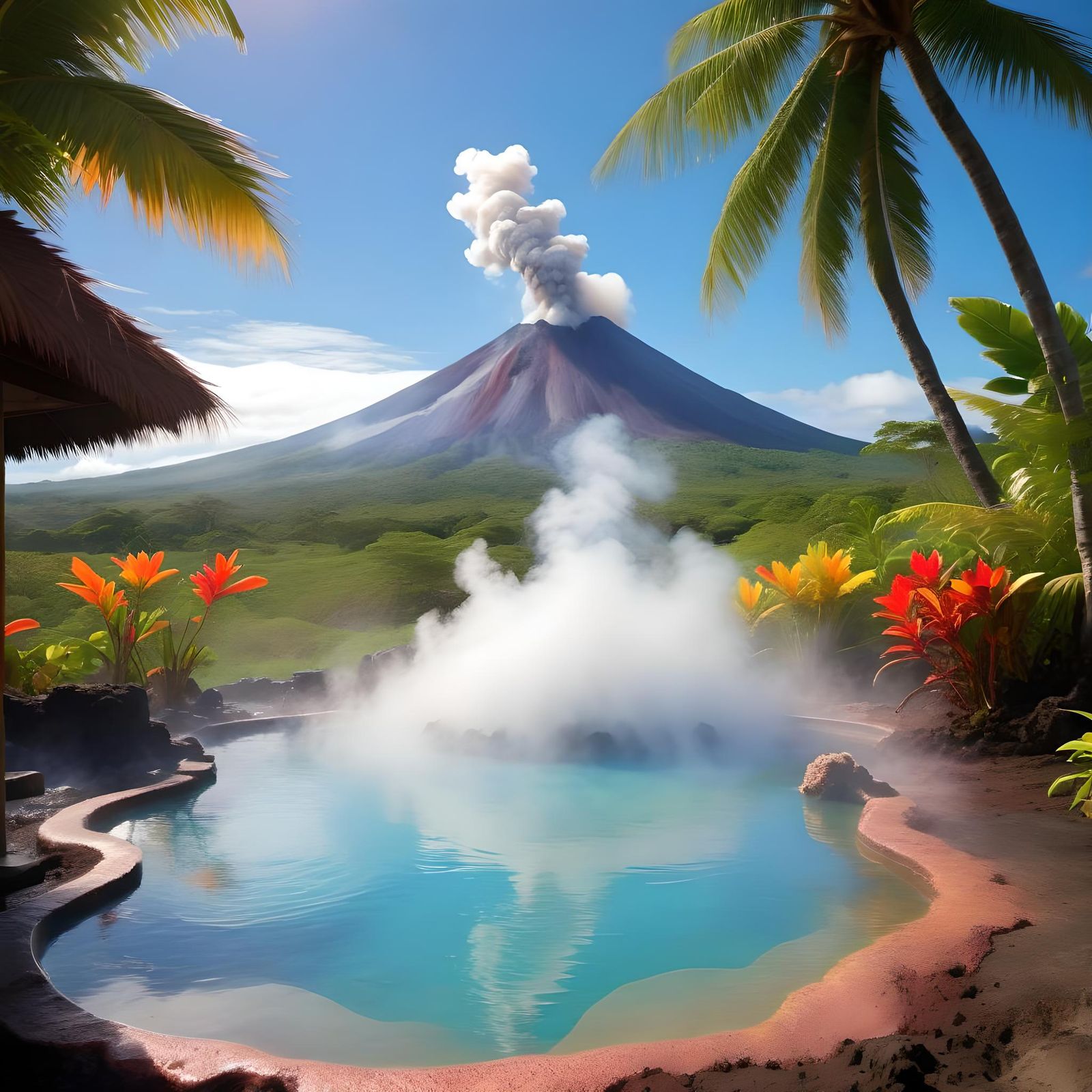Tropical Island Hot Spring with Distant Volcano