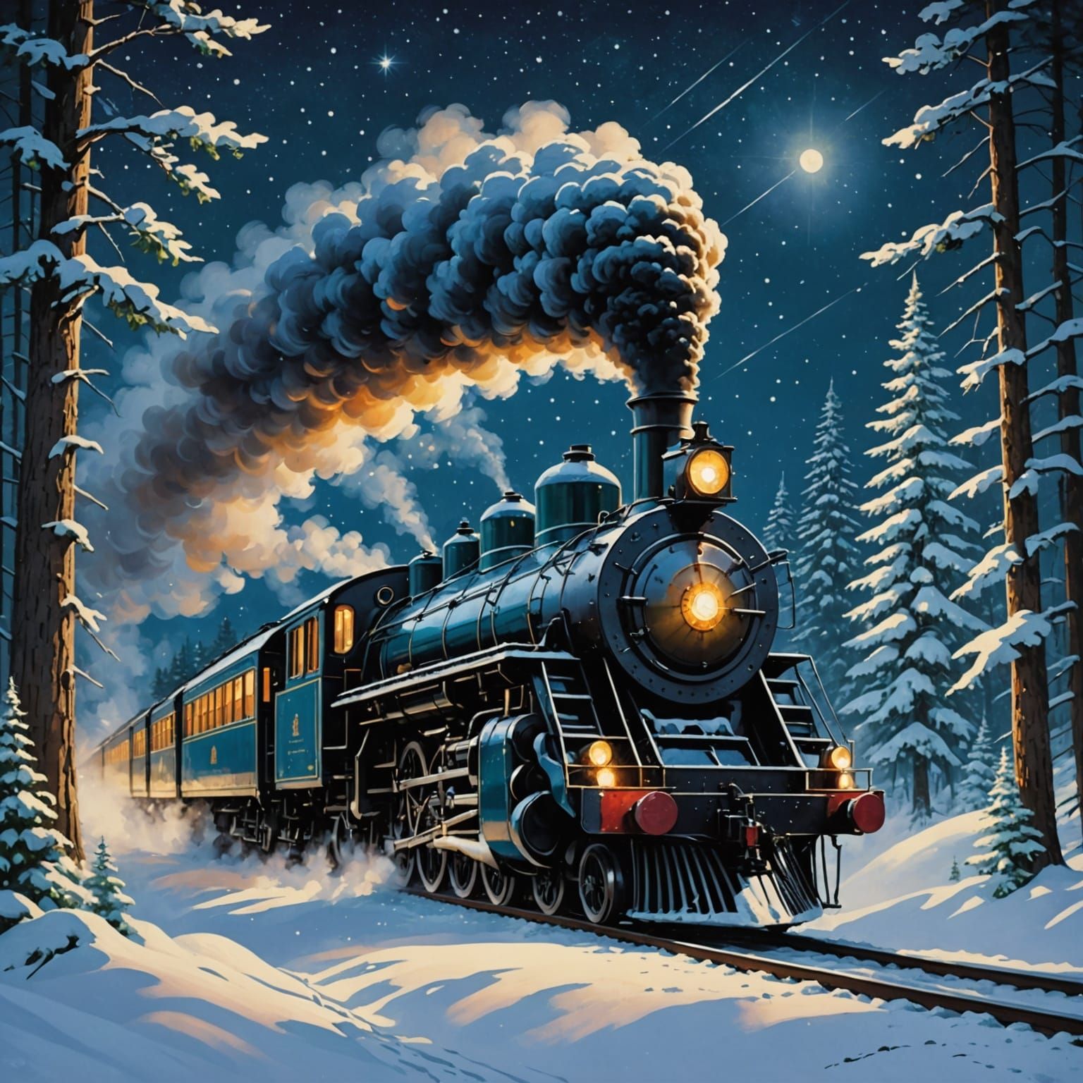 Majestic Steam Train in Snowy Forest at Night