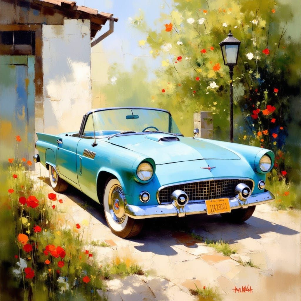 Hyper Realistic 1956 Ford Thunderbird in Lush Summer Landsca...