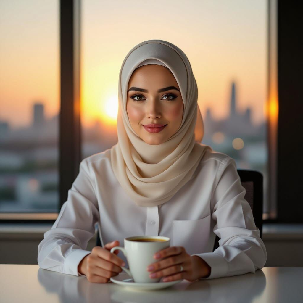 Confident Hijabi Woman Enjoys Coffee in Soft Sunset Light