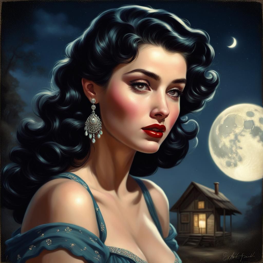 Moonlit Gypsy Girl Portrait in Pin-Up Style