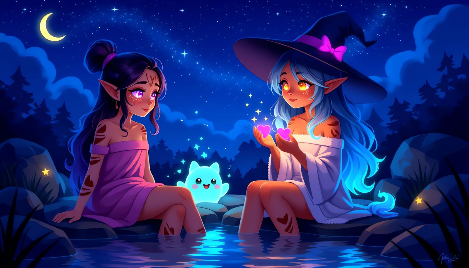 Anime Witch and Child at Magical Hot Springs Under Starfall