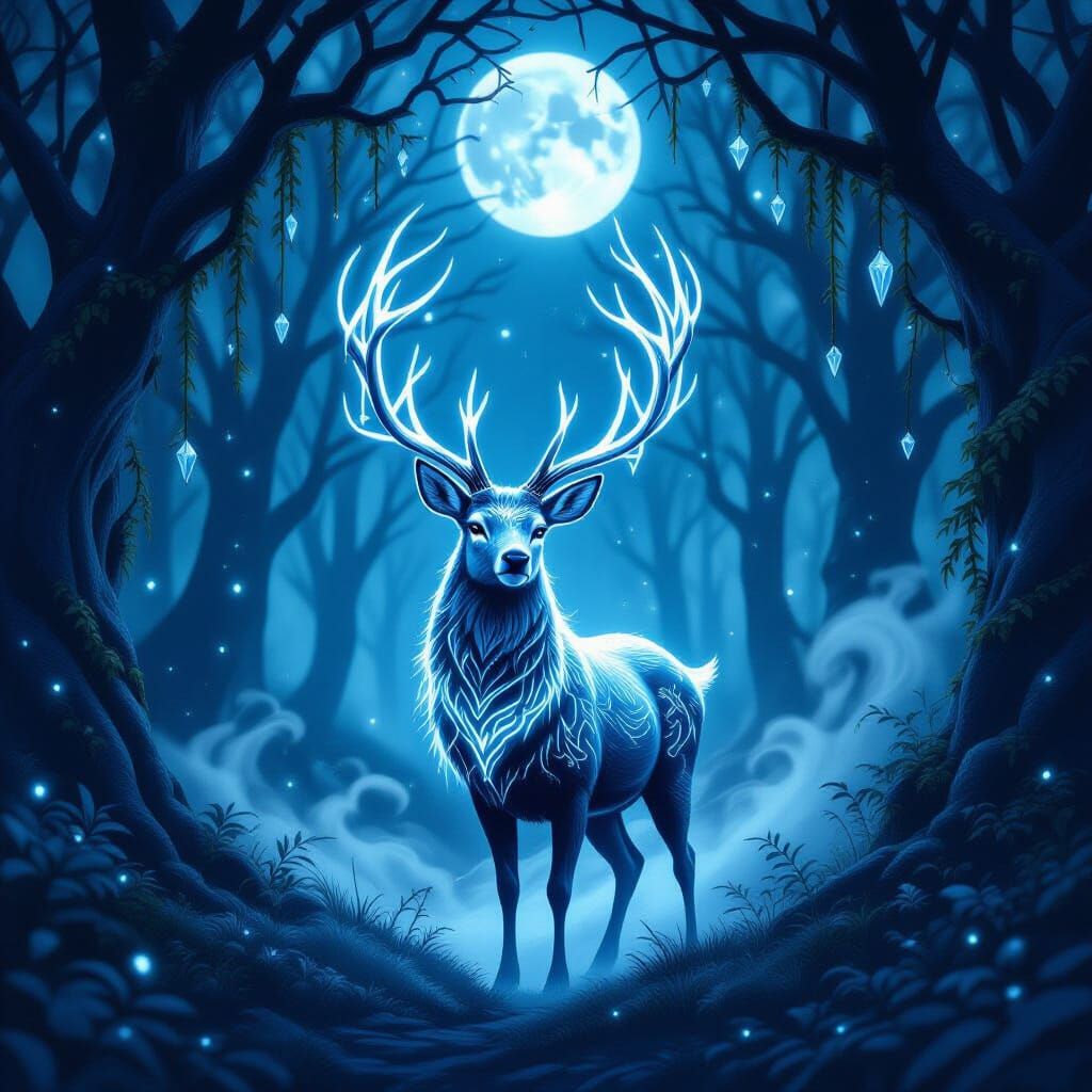 Mystical Deer with Glowing Antlers in Moonlit Forest