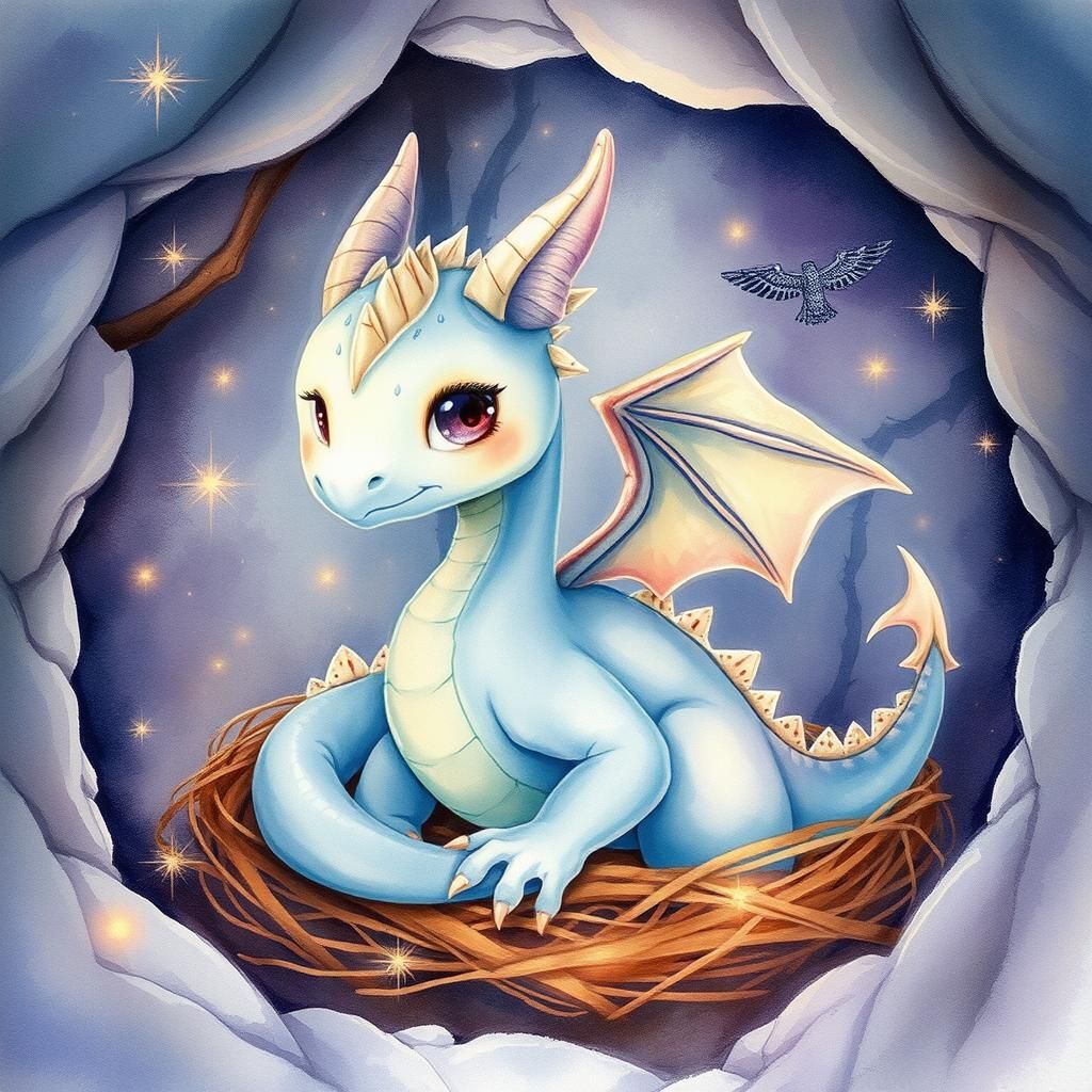 Dreamy Watercolor Dragon in Dungeon Nest