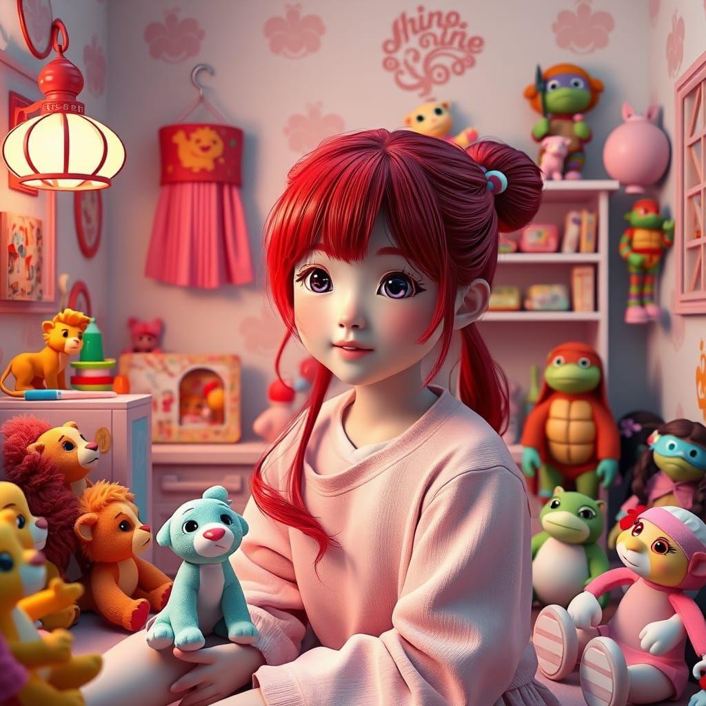 Anime Girl Surrounded by Toys in Pastel Bedroom
