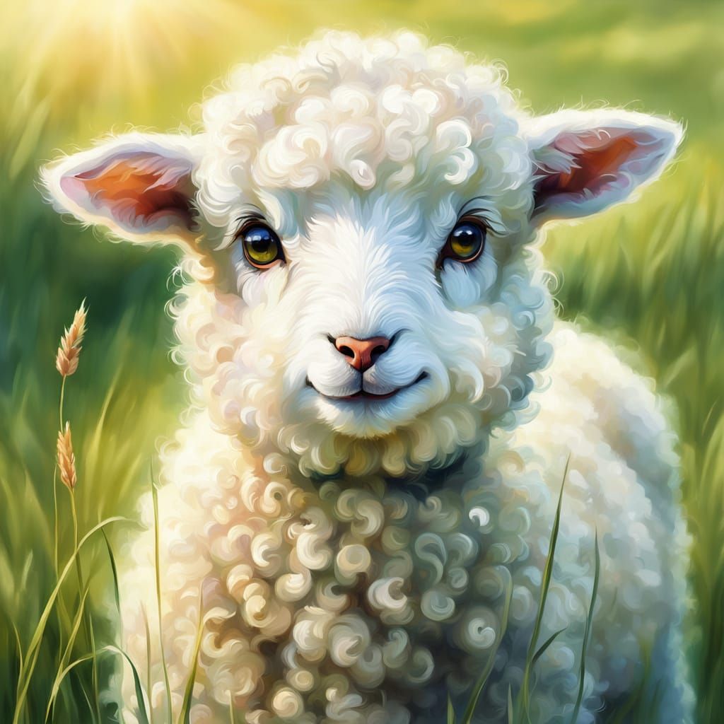 Adorable Lamb Portrait in Oil Painting Style