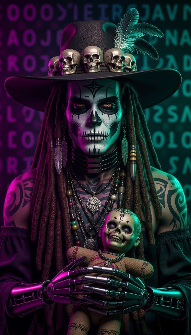 Voodoo Figure Portrait with Robotic Arms in Cinematic Style