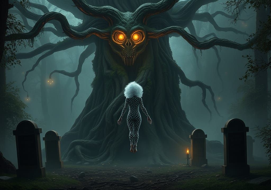 Guardian and Spectral Figure in Misty Forest