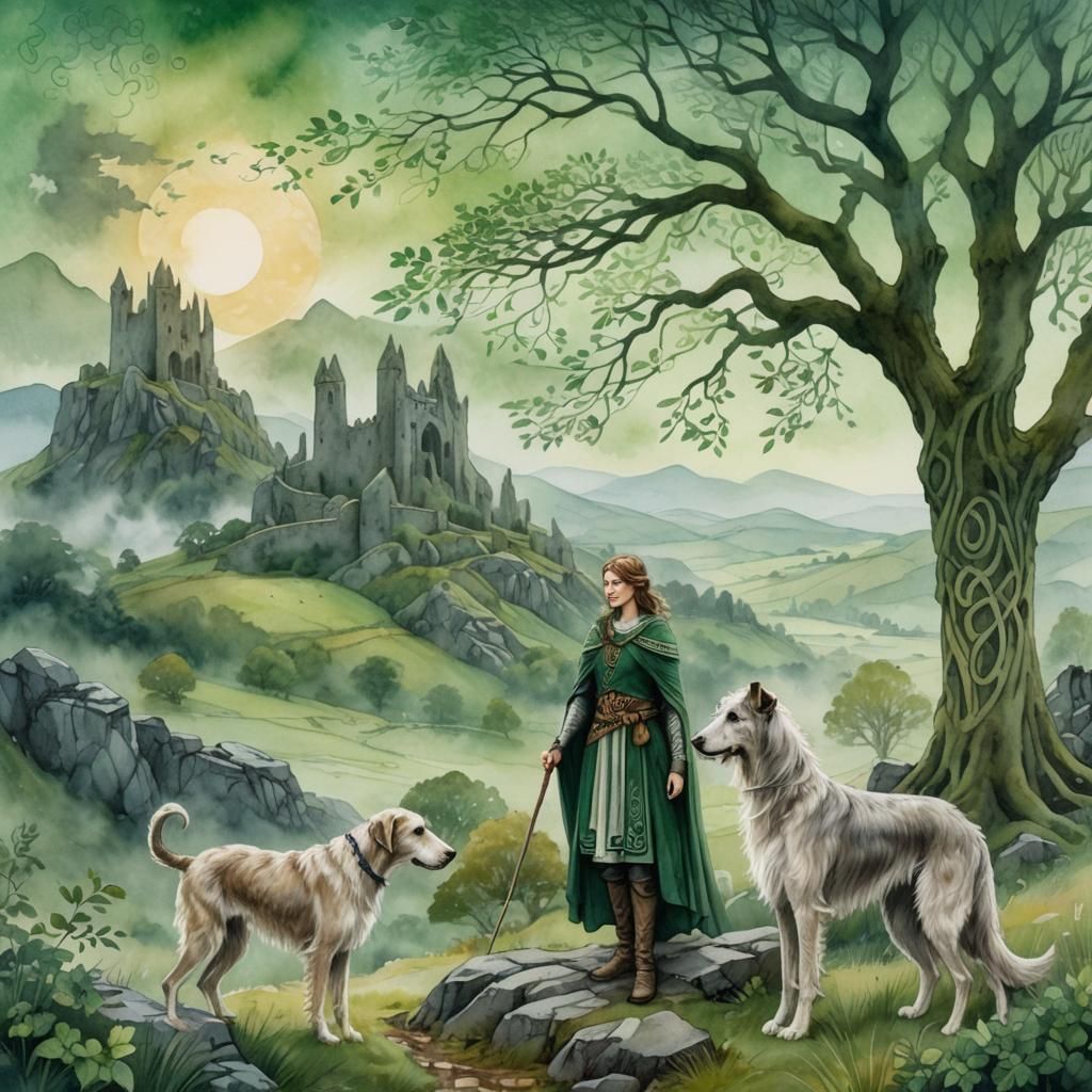 Celtic Fairy and Wolfhound in Misty Landscape