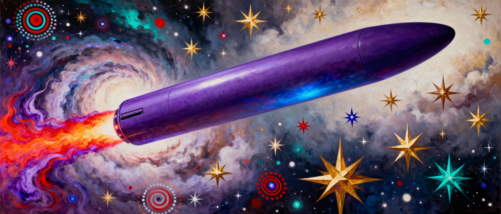 Surreal Cosmic Cylinder with Fiery Exhaust