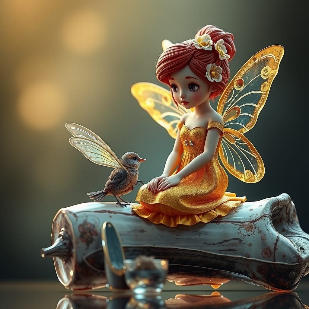 Glass Fairy Watching a Hatching Bird: 3D Anime