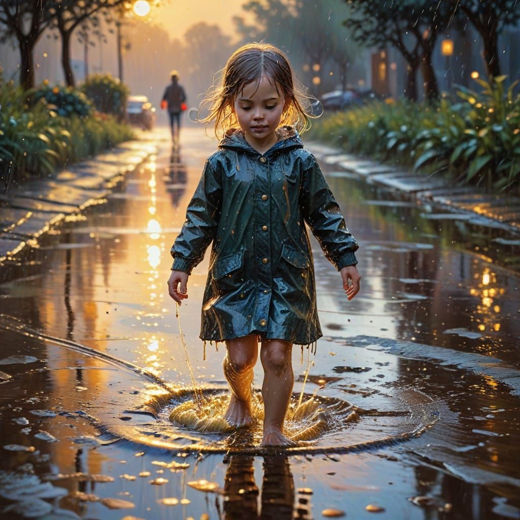 Impressionist Child Splashing in Golden Rain