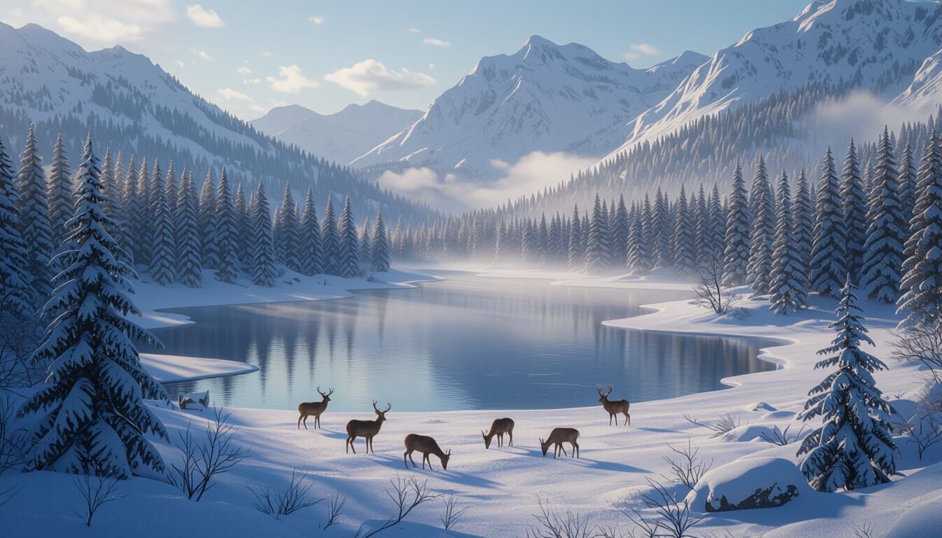 Magical Winter Mountain Scene with Frozen Lake and Deer