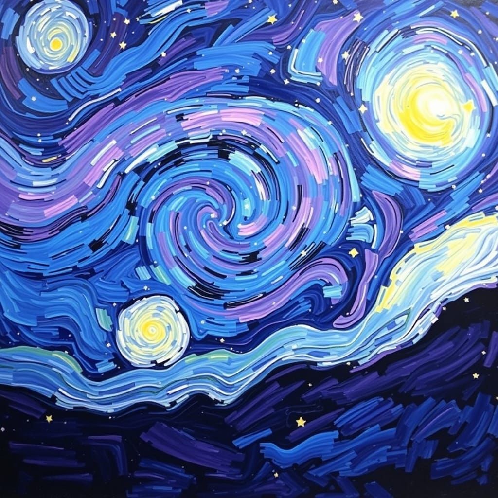 Expressive Night Sky with Swirling Clouds and Shooting Stars...