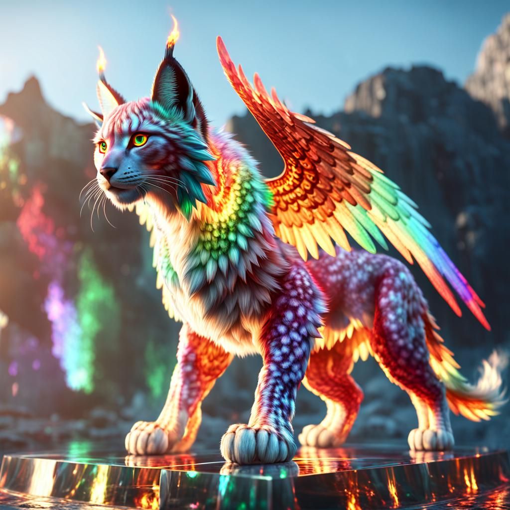Rainbow Lynx with Wings on Crystal Platform