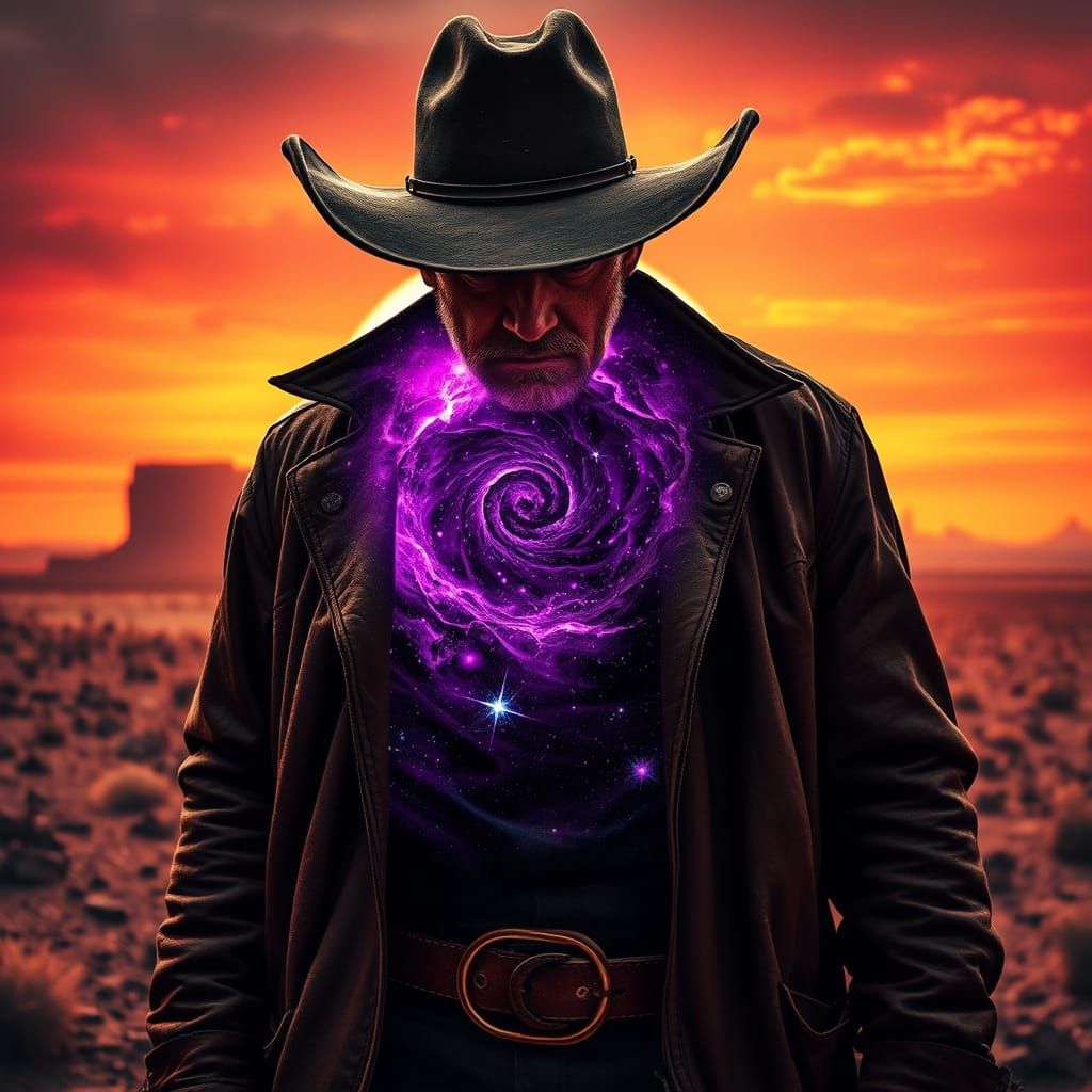 Mysterious Cowboy Silhouetted Against Cosmic Sunset
