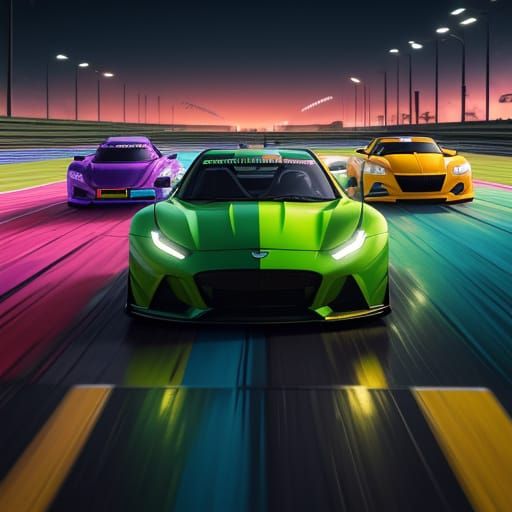 Cars Racing with Neon Reflections in Splash Art