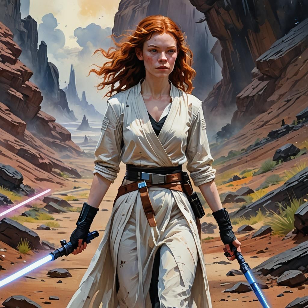 Redhead Jedi Lost on Alien World: Gouache Style