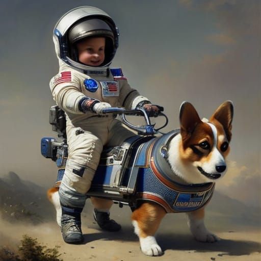 Astronaut Boy and Corgi in Monge Style