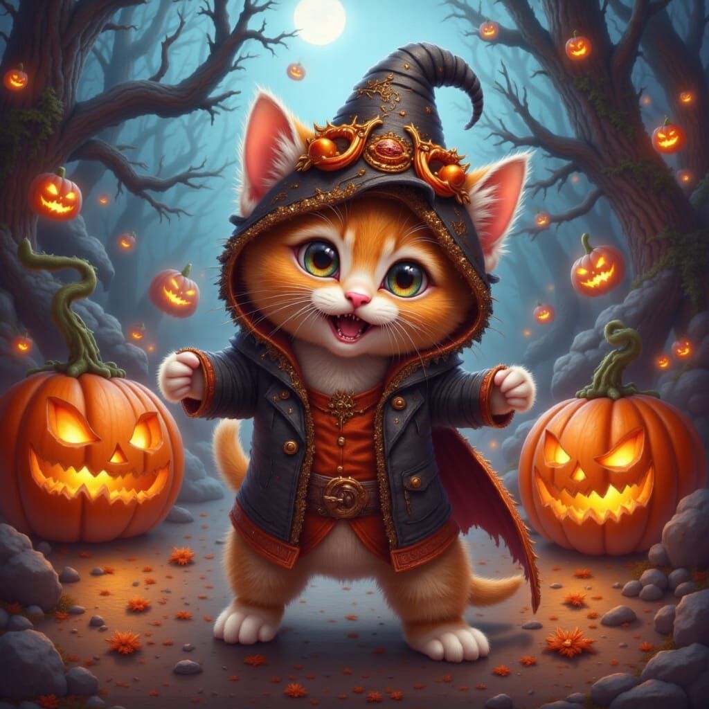 Adorable Tabby Kitten in Halloween Costume