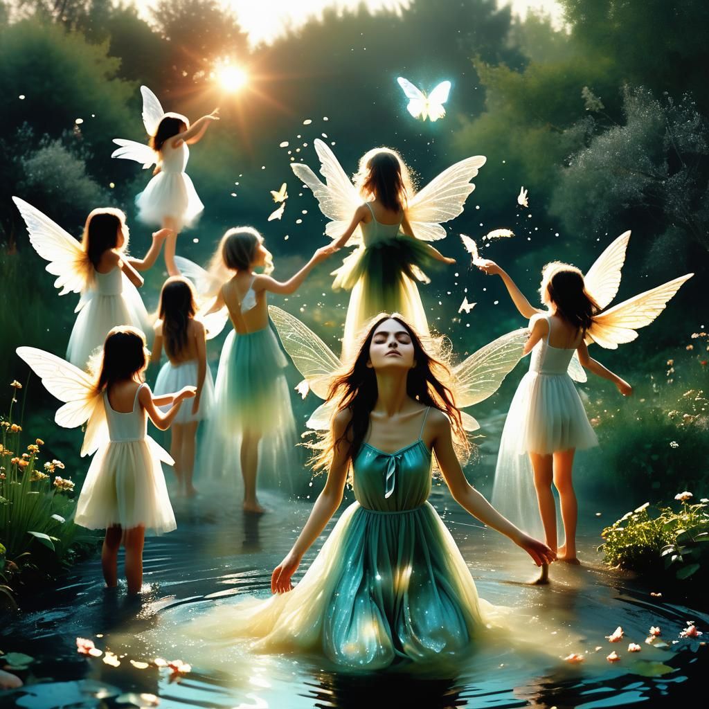 Dreamlike Digital Collage of Fairies at Sunset