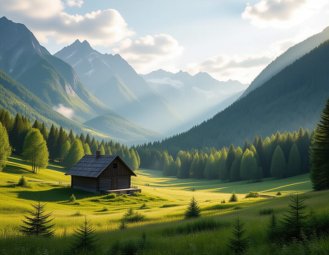 Dreamlike Homestead in a Valley of Trees, Cinematic Style