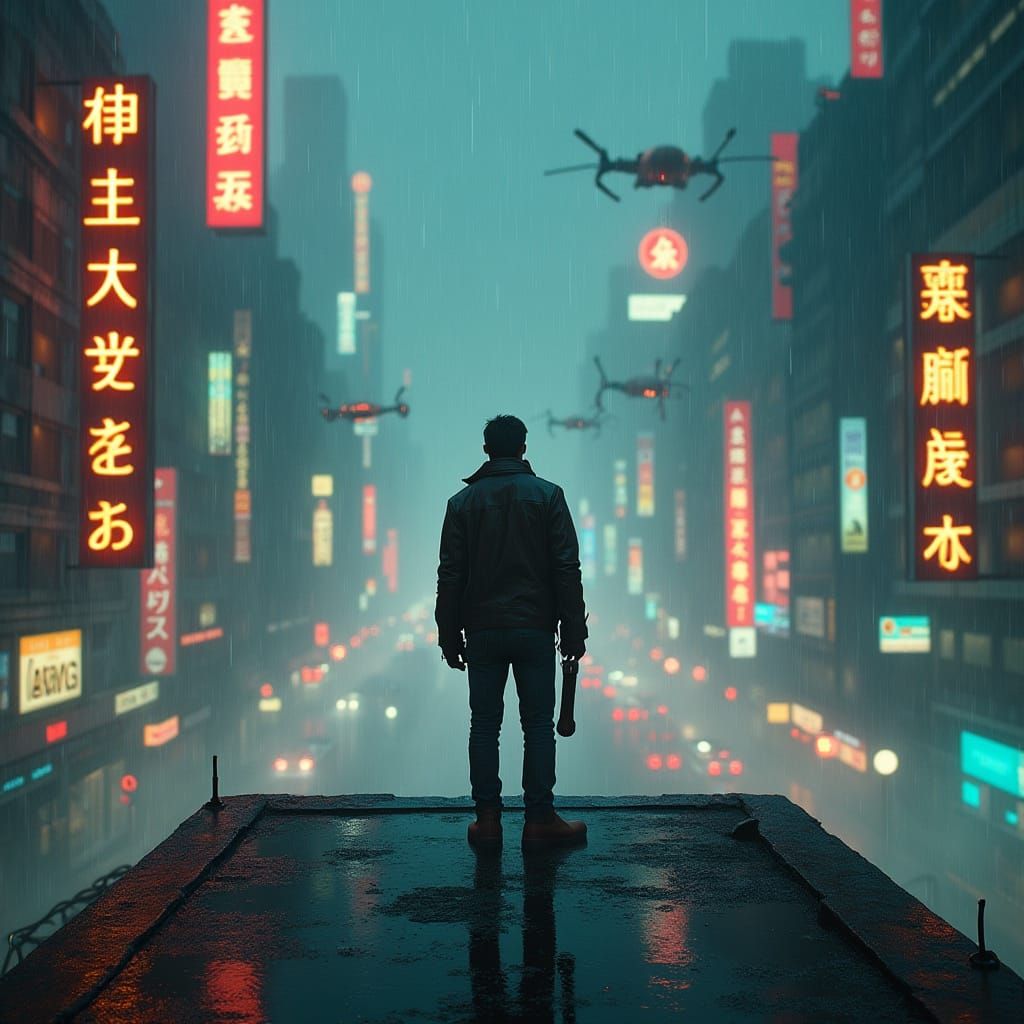 Cyberpunk Metropolis: Rooftop View in Gritty Realism